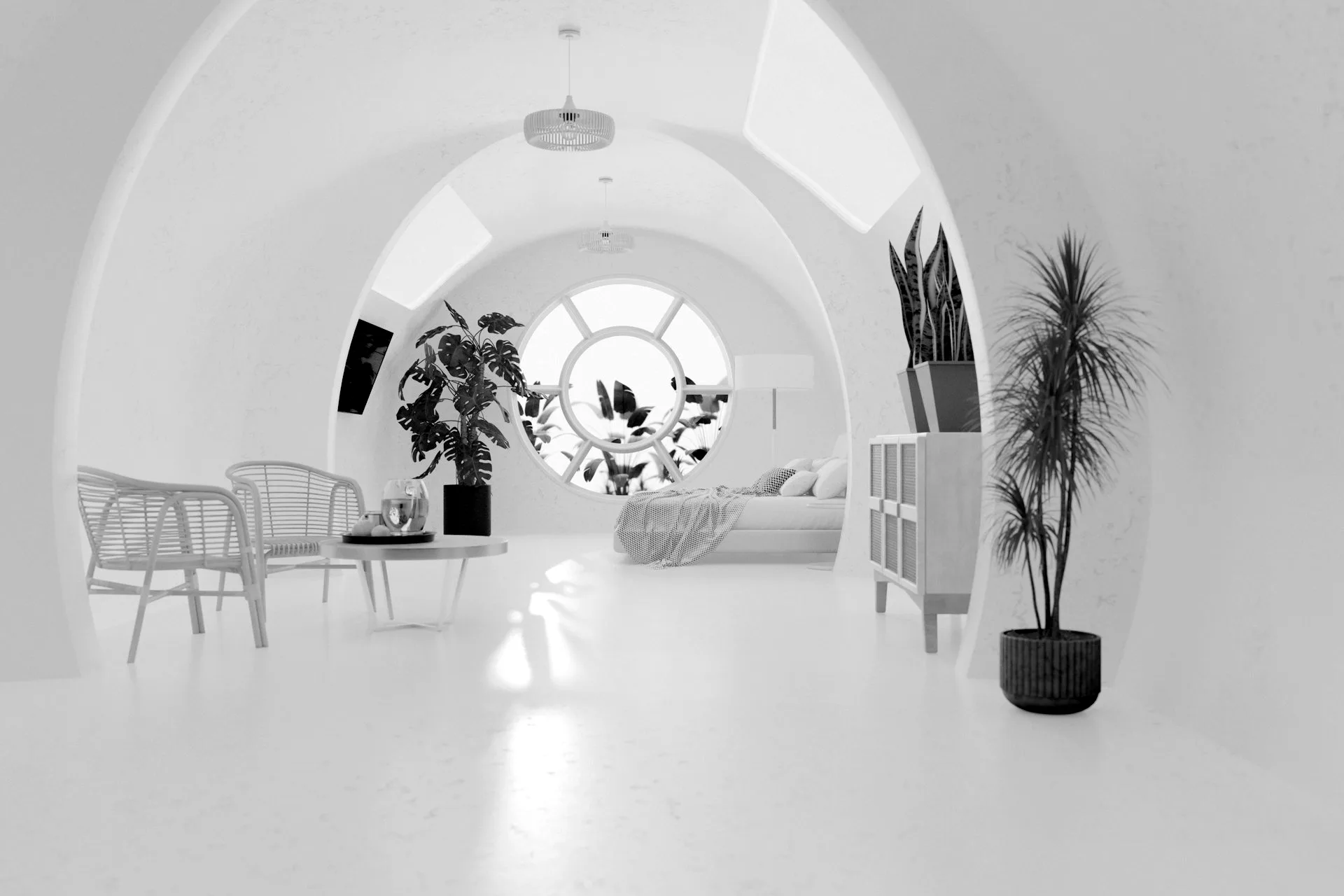 Intérieur clair photographié en vue panoramique