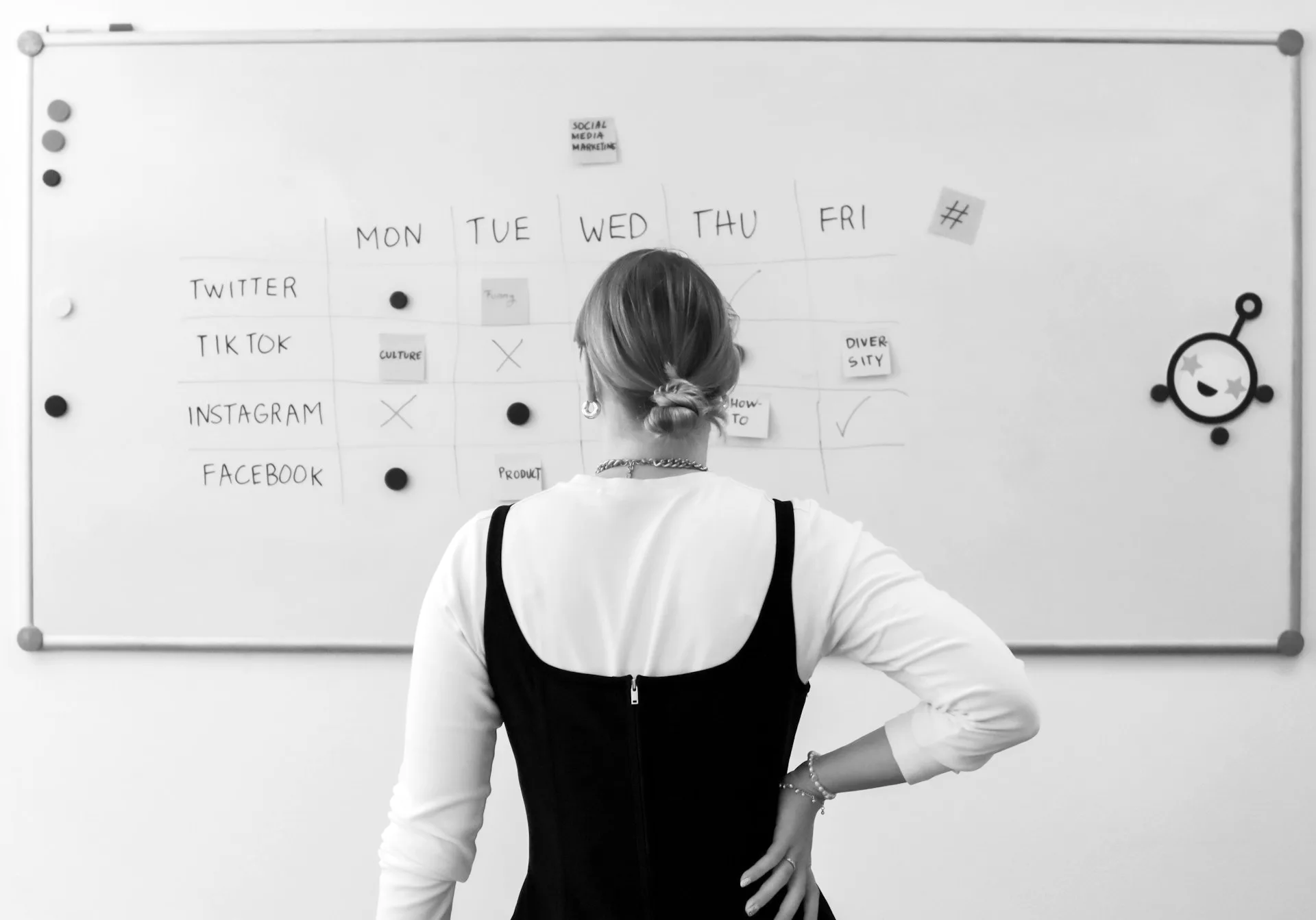 Planning hebdomadaire de publications réseaux sociaux au tableau blanc