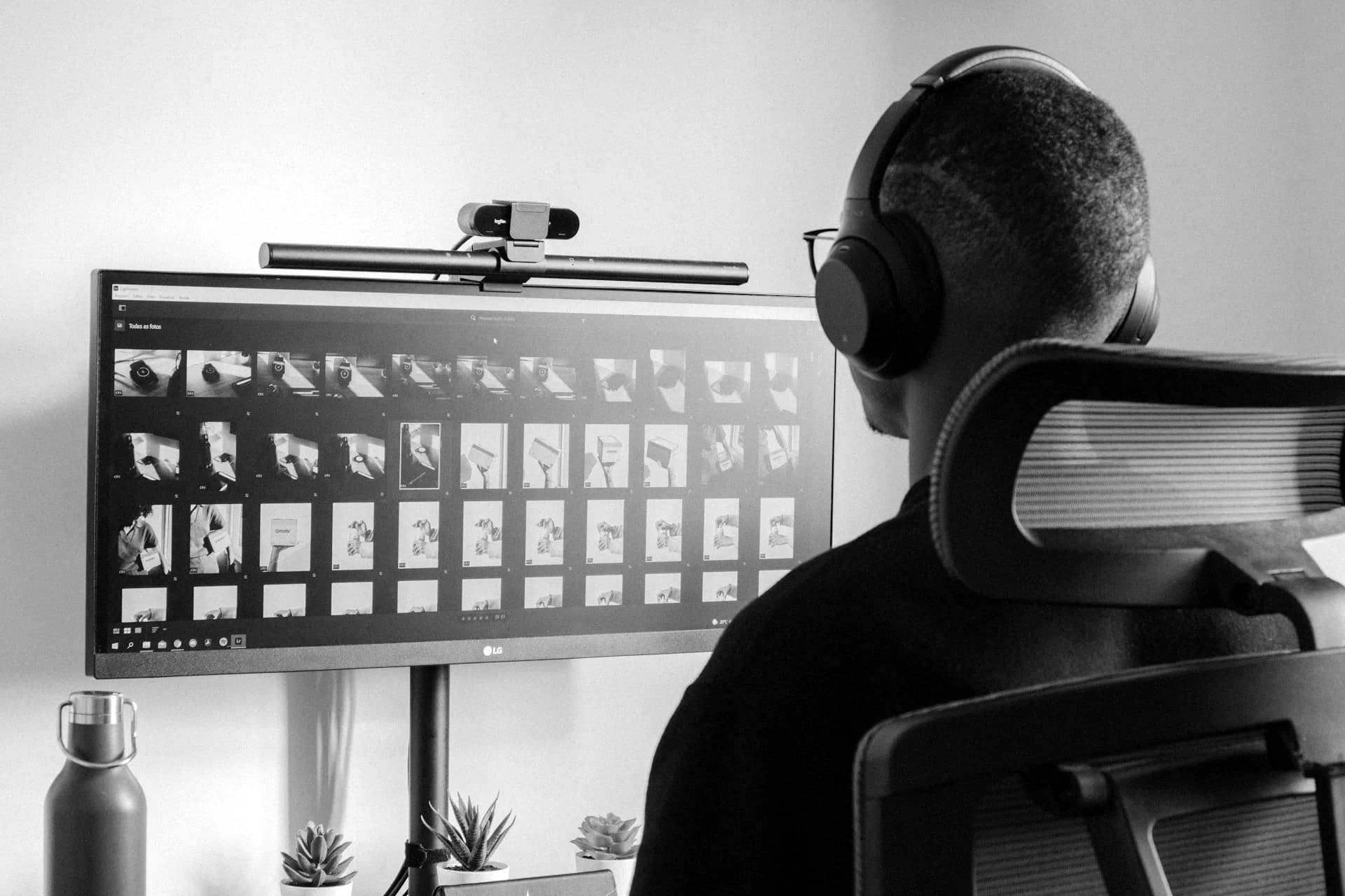 Retoucheur de dos devant une sélection de photos à l'écran