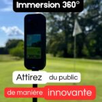 Professional 360 camera set up on a golf green next to the flag during a BMAX 360 Immersion session