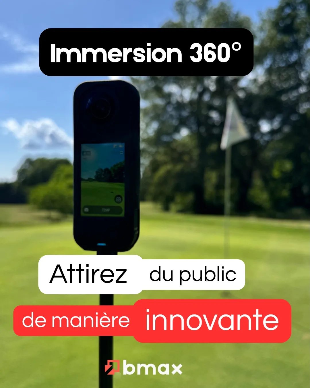 Professional 360 camera set up on a golf green next to the flag during a BMAX 360 Immersion session