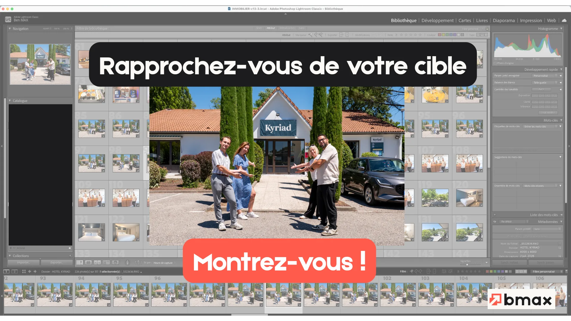 Capture d'écran du poste de retouche photo de Benjamin Maxant (BMAX) pendant l'édition des images du reportage photo et vidéo réalisé pour l'hôtel Kyriad, logiciel de retouche ouvert sur la photo d'une chambre d'hôtel en cours de traitement.