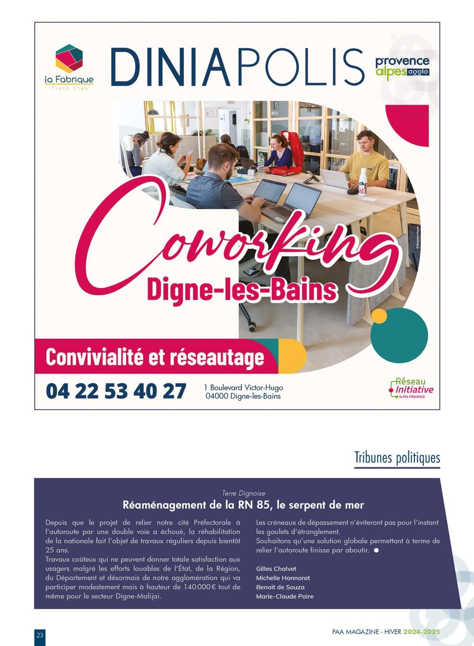 Visuel de l'espace de coworking Diniapolis à Digne-les-Bains dans le magazine Provence Alpes Agglomération