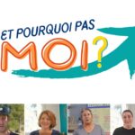 Visual of the Et pourquoi pas moi program with portraits of beneficiaries and professionals interviewed